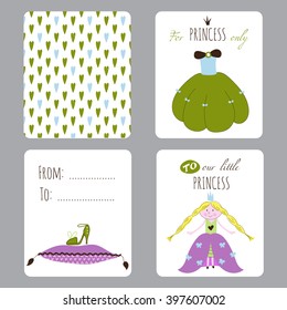Vector Princess Party set of small card templates. Cute collection for birthday or baby shower design, greeting cards, brochures, tags and labels, invitations and scrapbooking etc. 