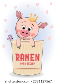 Vector a Princess Pig sitting in a cup of ramen noodle