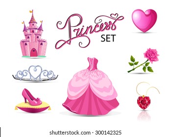 The vector princess set: crown, shoe, rose, castle, jewelry, dress.