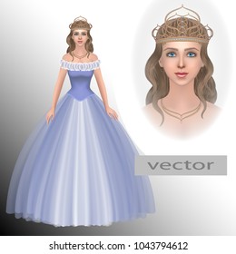 Vector. Princess in tiara, crown, girl in a long festive dress, beautiful fairy tale fairy, realistic man, illustrations in 3D.