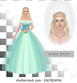 Vector. Princess in tiara with emeralds and sapphires, crown, girl in a long festive dress with a bouquet of flowers, beautiful fairy tale, realistic man, 3D illustrations