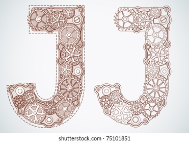 Vector print alphabet of gears. Letter j