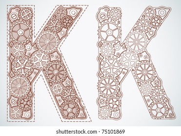 Vector print alphabet of gears. Letter k