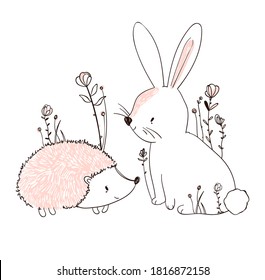 Vector print for baby clothes.  Rabbit and hedgehog in a flower meadow.  Outline drawing, hand drawing.