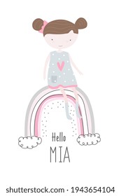 Vector print for Baby Shower invite. Birth poster for baby.Hello Mia