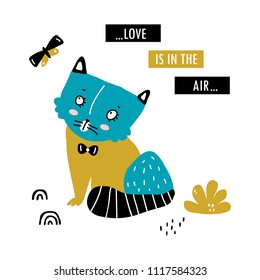 vector print with beautiful scandinavian cat for baby shower,  fabric, textile and love is in the air