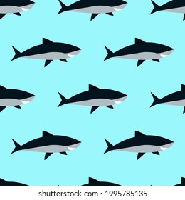 vector print black shark. fish seamless pattern on a blue background. print on clothes, linen or print