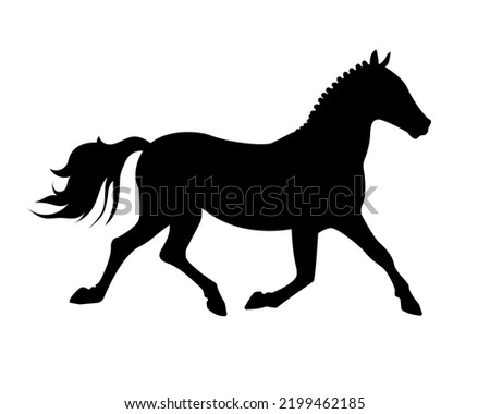 Vector print black silhouette of a horse with a braided mane trotting on the white background