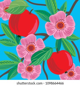 Vector print blossoming apple tree branches with apples