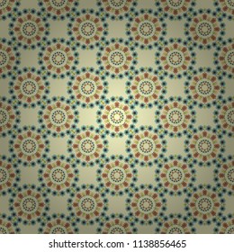 Vector print in the bohemian style. Embroidery - seamless ornament. Colored flowers, Mandalas and elements in a blue, brown and beige colors. Ethnic and tribal motifs.