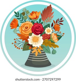 Vector print. A bouquet of beautiful hand-drawn flowers. Greeting card decorated with various flowers. Sticker with an image of the bouquet.