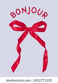 vector print with a bow and the inscription "Bunjour". Red satin ribbon bow. Fashionable trendy design for T-shirts, accessories, dresses, etc.