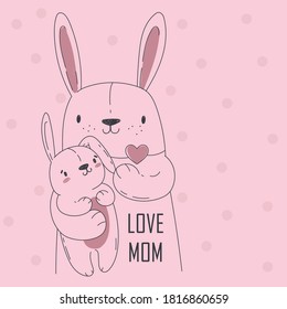 vector print with bunny and mom.  Contour drawing on a pink background.  Print for children's clothing.