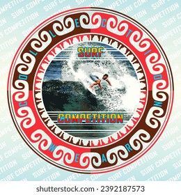 Vector print for the coast on t-shirts with details around it and typography in English with surf style text, surfer surfing a wave, gradient background written Surf Competition