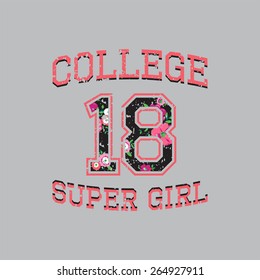 Vector print college super girl for typography. It is a vector print for design of your t-shirt and for use in other spheres.