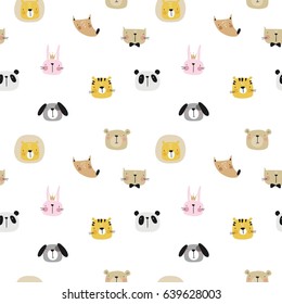 Vector print with cute animal. Bunny, bear, tiger, fox, cat, dog and panda