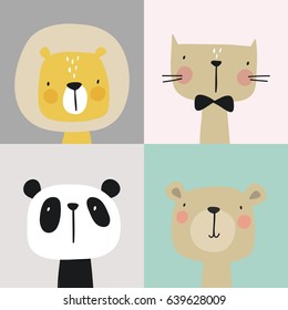 Impresión vectorial con un animal lindo. León, gato, panda, oso