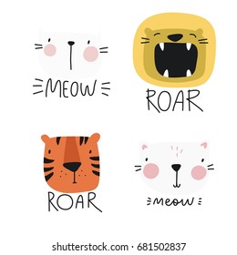 Vector print with cute animal. Tiger, cat  and lion