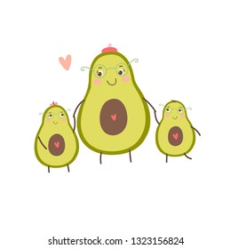 Vector print with cute avocado. Avocado mother, avocado  daughter and avocado son. Vector character design. Celebration of Mother's Day.