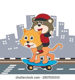 Vector print with cute bear and cat on a skateboard. Can be used for t-shirt print, kids wear fashion design, fabric textile, nursery wallpaper and other decoration.