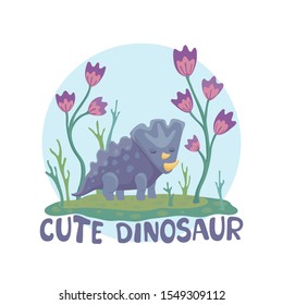 Vector print with cute cartoon dinosaur and the inscription