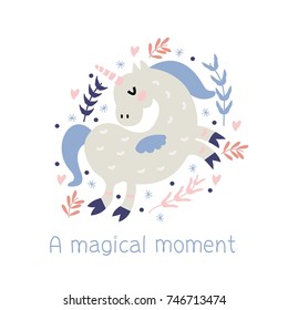 Vector print. Cute cartoon unicorn. A magical moment.