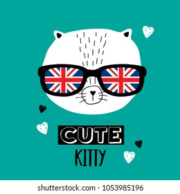 Vector print with cute cat in glasses with British flag