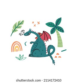 Vector print with cute dinosaur isolated on white background. Vector hand drawn illustration.