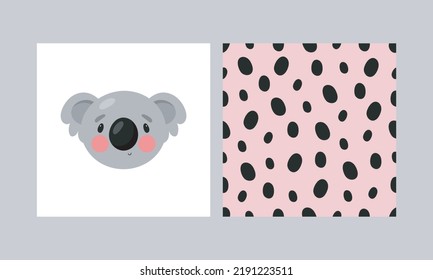 Vector print with cute koala and seamless pattern with specks. Cartoon style. For greeting card, posters, banners, the card, printing on the pack, printing on clothes, fabric, wallpaper.