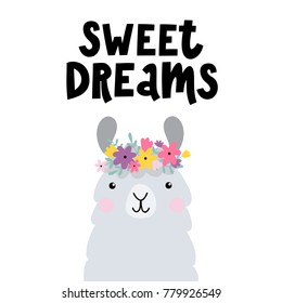 Vector print with cute lama and text Sweet dreams.