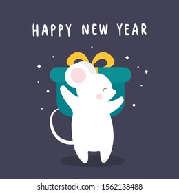 Vector print with cute mouse and gift. Happy New Year 2020. Winter time.