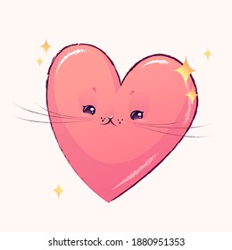 
Vector print of cute pink heart with cat eyes and mustache. 