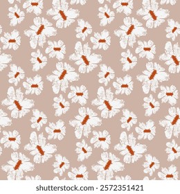 Vector print with daisy flowers on beige background. Print for textile, furniture covers, women wear, wall paper, scrapbook, wrapping paper.