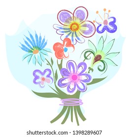 Vector print of decorative flowers in the style of pastel technique. Seven different fantasy flowers in a gift bouquet, a pattern for a card.