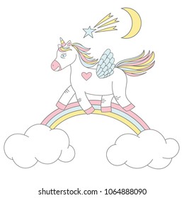 Vector print design of a cute unicorn on rainbow with stars and moon. Wallpaper with  unicorn and miracle elements