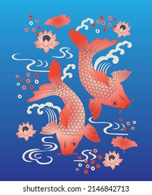 vector print design fishes and lotus flowers