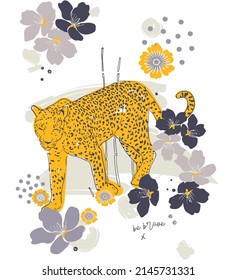 Vector print design with flowers and leopard theme. Can be used for kid, t-shirt print, kids wear, poster, wallpaper, celebration, greeting card and invitation.