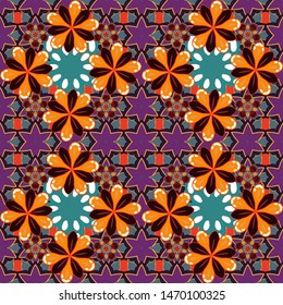 Vector print for design invitation, printing, card, wallpaper, textile or fabric. Motley ornament seamless pattern in orange, brown and purple colors.