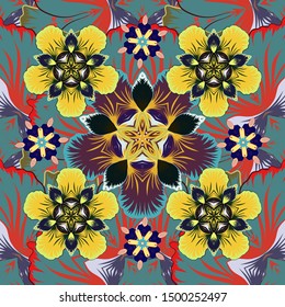 Vector print for design invitation, printing, card, wallpaper, textile or fabric. Motley ornament seamless pattern in blue, gray and yellow colors.