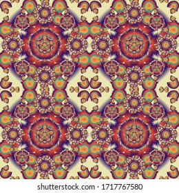 Vector print for design invitation, printing, card, wallpaper, textile or fabric. Motley ornament seamless pattern in purple, beige and violet colors.
