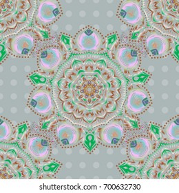 Vector print for design invitation, printing, card, wallpaper, textile or fabric. Motley ornament seamless pattern in violet, green and gray colors.