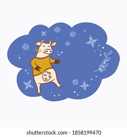 Diseño de impresión vectorial para niños con divertidos bailes vacuno. Ilustración animal. Feliz Año Nuevo 2021 zodiaco chino - postales vectoriales