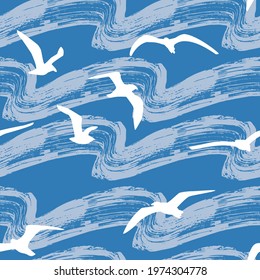 Vector print design on seamless seagulls and waves theme for everyone