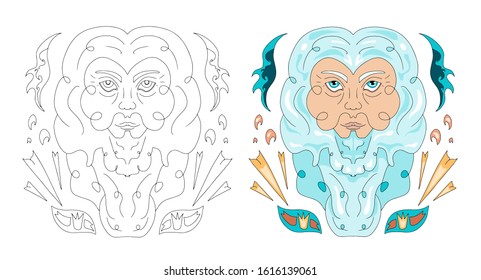 Vector print design - Poseidon. Cartoon flat style design template. Sea god. Children coloring pages, greek mythology