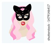 Vector print design of sexy young woman in cat mask. Girl in cat mask.