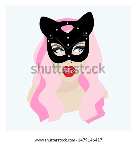 Vector print design of sexy young woman in cat mask. Girl in cat mask.