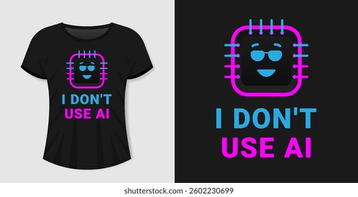 Vector print design for t-shirt or clothing on the theme of artificial intelligence with the text i dont use ai and a stylish character in the form of a chip