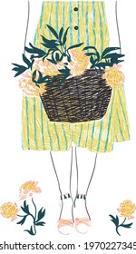 Vector print design of woman with flowers in her basket