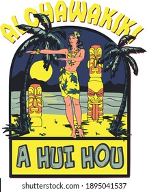 Vector print designs with Hawaii, tropical, surf, tiki mask themed.