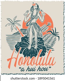 Vector print designs with Hawaii, tropical, surf, tiki mask themed.